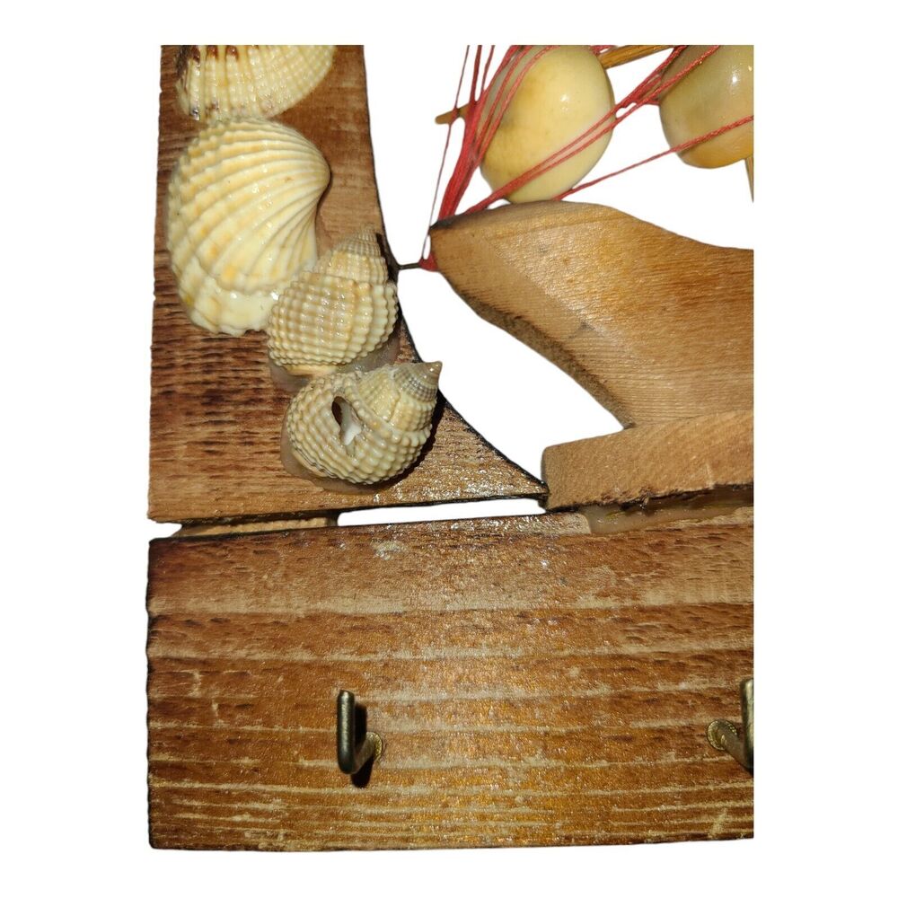 Vintage Handmade Wood Seashell Sail Boat Ship Wall Hanging Key Hooks Nautical - Picture 8 of 8